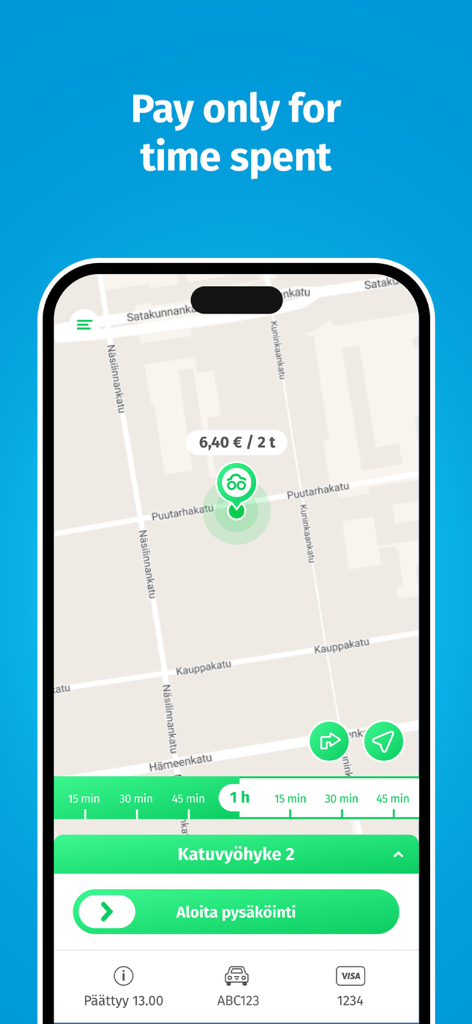 Moovy, Finnish parking app - 駐車場所のピンと駐車を開始するための緑色のボタンがある都市の地図を示すMoovyアプリのインターフェース。