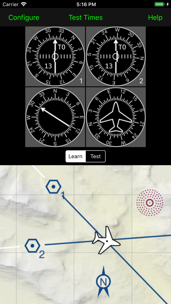 Interface do aplicativo de treinamento de voo Navegador com instrumentos de cockpit e mapa de navegação da aeronave