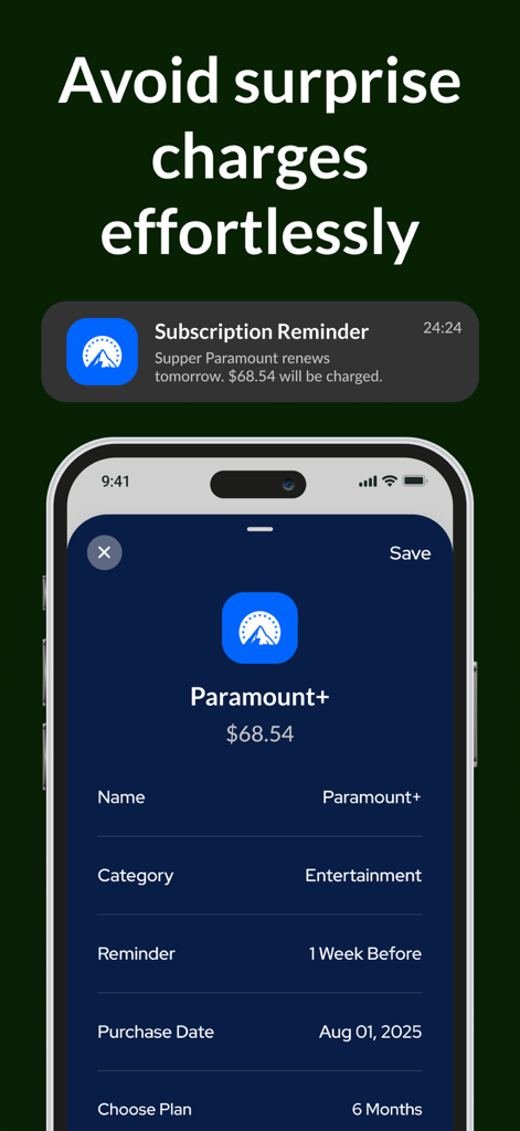 Interfaz de una aplicación móvil que muestra una notificación de renovación de suscripción para Paramount Plus para evitar cargos sorpresa.