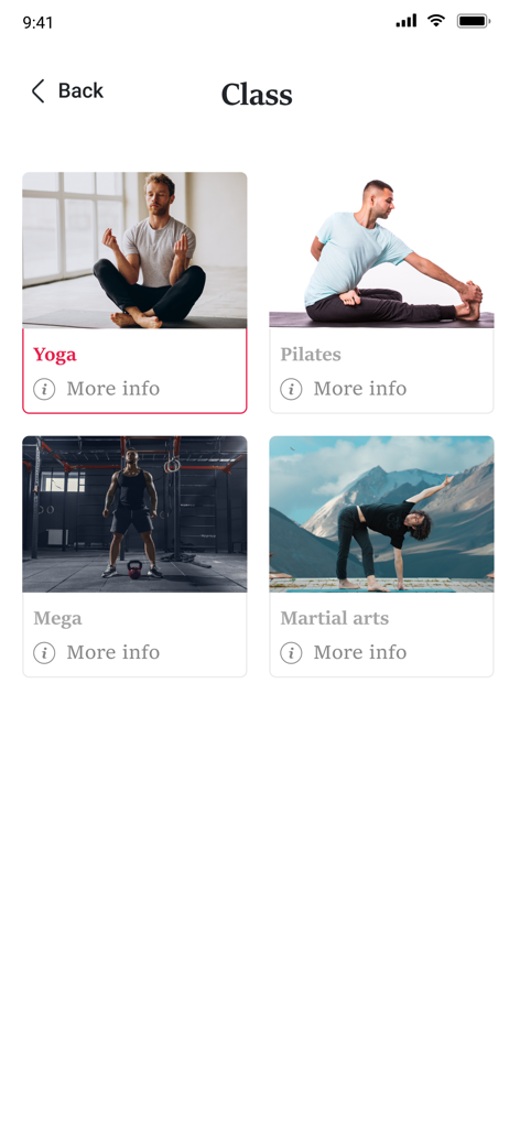 Écran de l'application TrainYourPulse montrant un menu de cours de fitness incluant Pilates Mega et Arts martiaux avec des photos illustratives.
