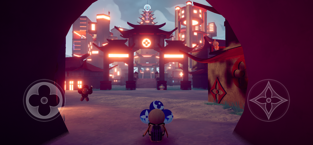 LOUIS THE GAME - Vivienne-Charakter erkundet eine leuchtende 3D-Stadtlandschaft mit Louis Vuitton Monogramm-Motiven in LOUIS THE GAME.