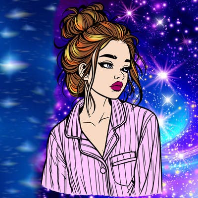 realistic woman with pajamas on and a messy bun