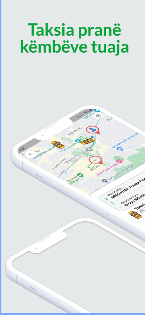 VrapOn Taxi Albania app interface showing real-time taxi locations on a map of Tirana