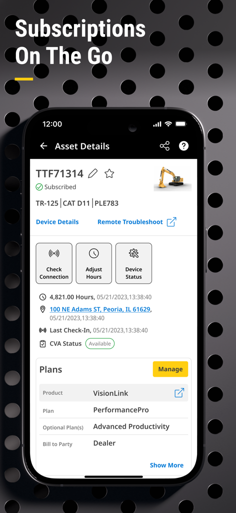 Cat® DSP Mobile - Caterpillar dealer service portal mobile app asset details screen showing machine status and subscription plans