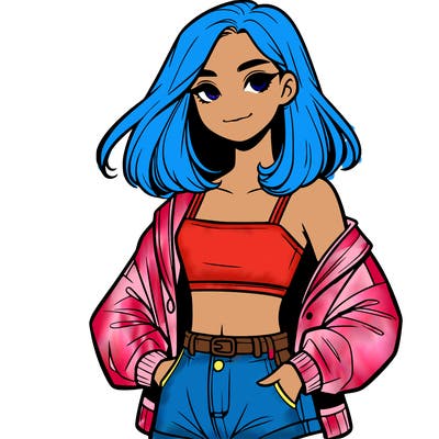 a realistic girl with a crop top and short shorts in an open jacket