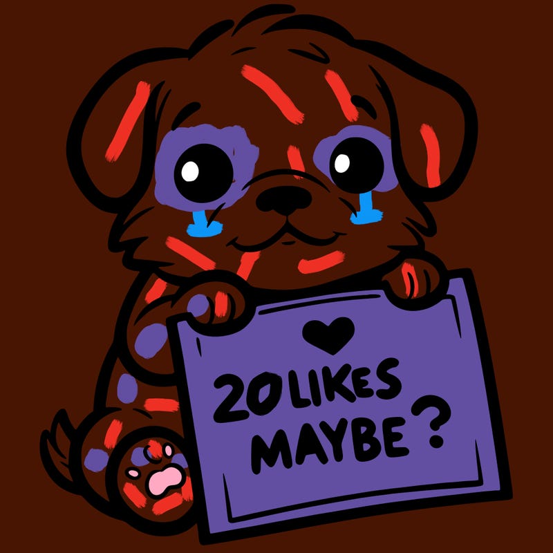 a puppy holding a sign that says 2 likes maybe?