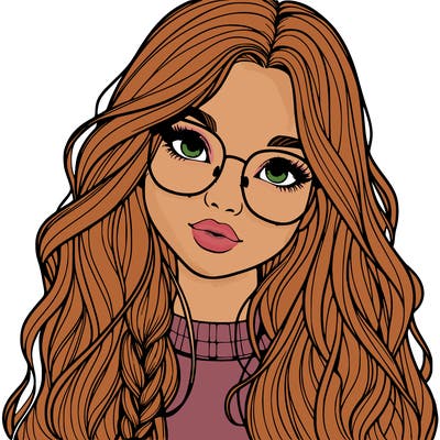 girl with long hair and freckles and glasses realistic