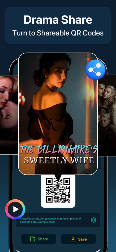 Mobile app interface showing the Drama Share feature generating a QR code for a movie poster