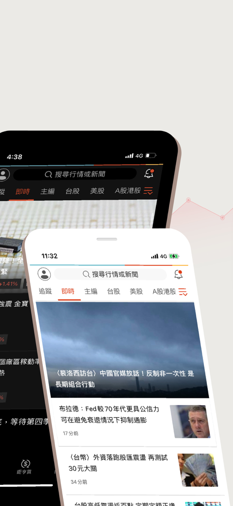 鉅亨網 - Interface do aplicativo de notícias financeiras Anue em smartphones mostrando notícias do mercado de ações em tempo real em Chinês Tradicional