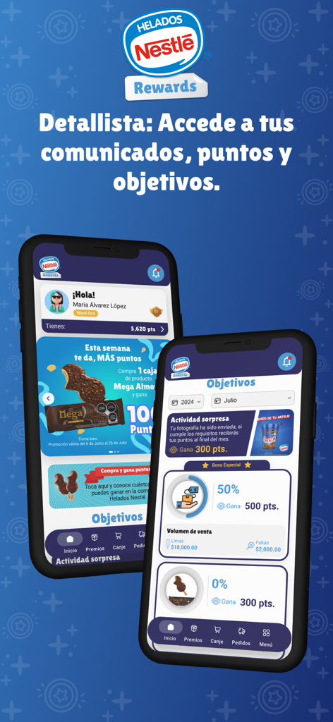 Helados Nestlé Rewards - 사용자 포인트와 소매 판매 목표를 표시하는 네슬레 아이스크림 리워드 앱의 모바일 인터페이스.