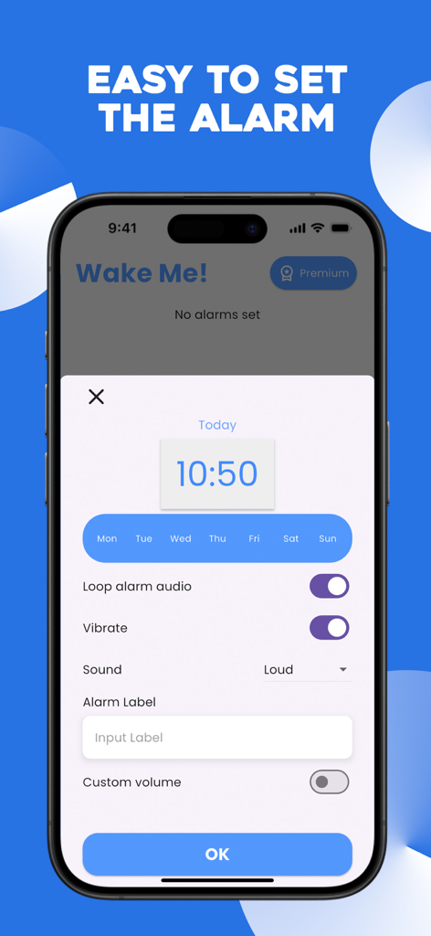 Wake Up - Math Alarm Clock - Alarm setting interface in the Wake Up app showing time selection and customization options