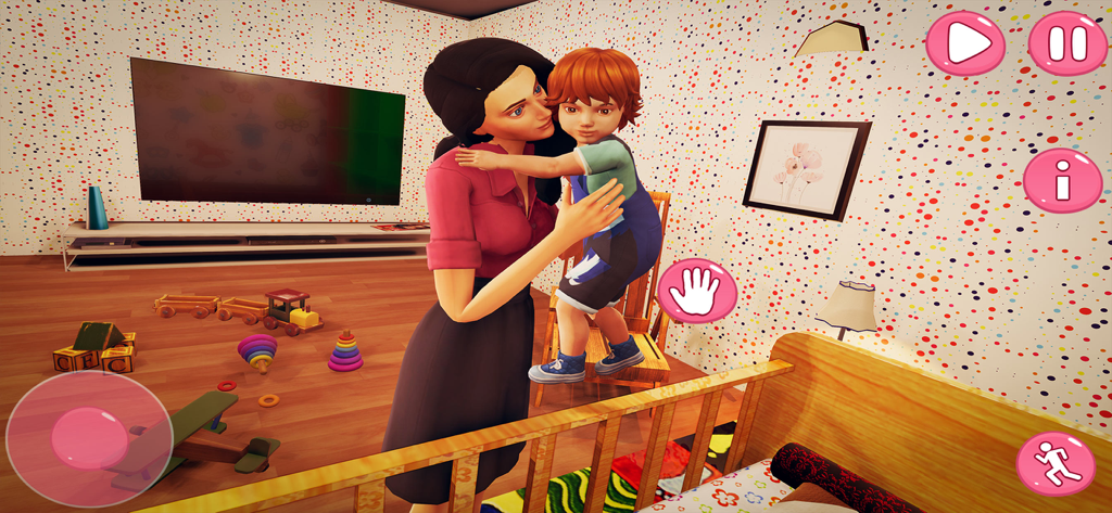 Virtual Mother : Dream Family - A 3D simulation game scene where a virtual mother character holds a child in a room with toys.