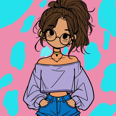 girl with a messy ponytail glasses a baggy crop top and jean shorts
