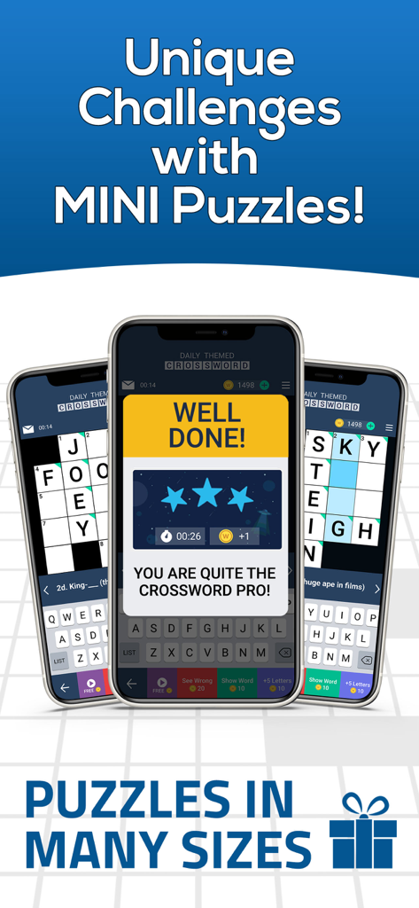 Three mobile phones displaying mini crossword puzzles and a success screen with stars and rewards