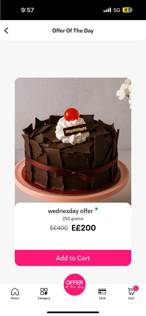 Monginis Bakery - A chocolate cake with whipped cream and a cherry featured as a daily offer on the Monginis Bakery app
