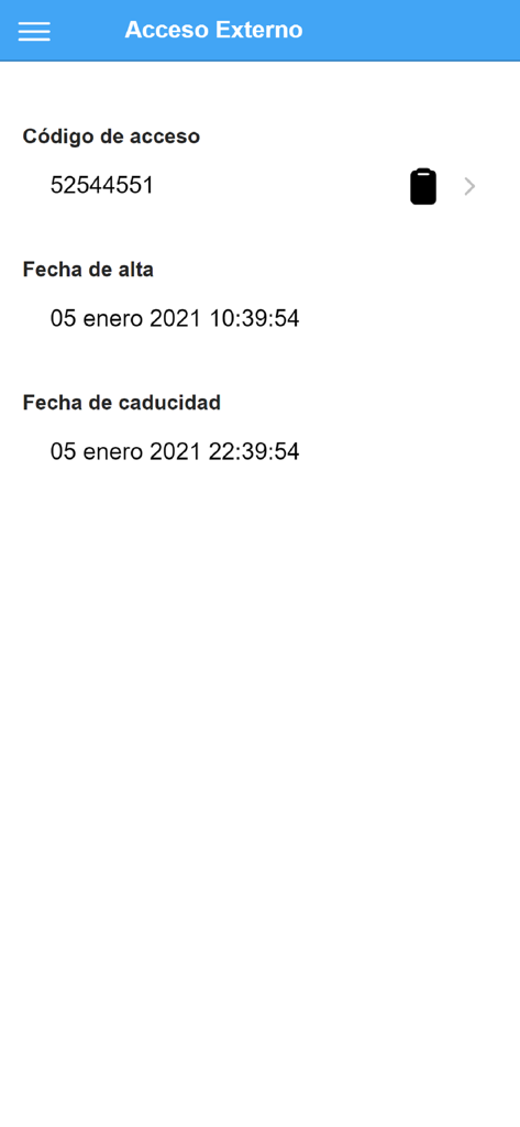 Pantalla de la aplicación Hospital Italiano Intranet que muestra un código de acceso externo con fechas de emisión y caducidad