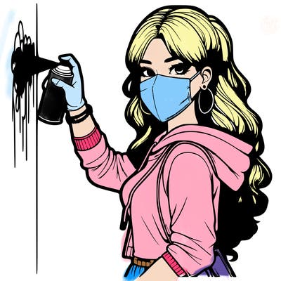 realistic girl with mask spray painting a wall