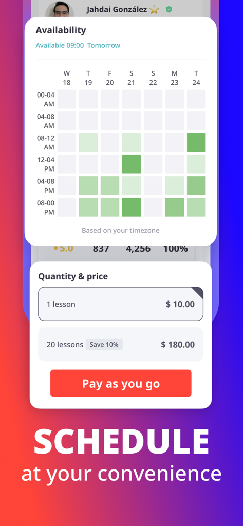 italki-App-Bildschirm mit dem Verfügbarkeitskalender einer Lehrkraft und Pay-as-you-go-Preisoptionen für den Unterricht.