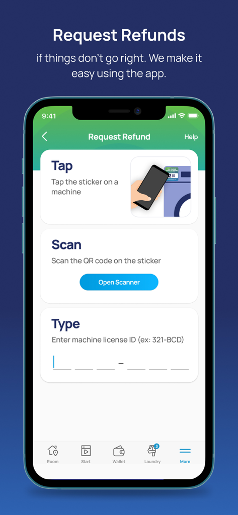 CSC GO - CSC GO 앱 화면에서 QR 코드 스캔 또는 기기 라이선스 ID 입력 옵션으로 환불 요청