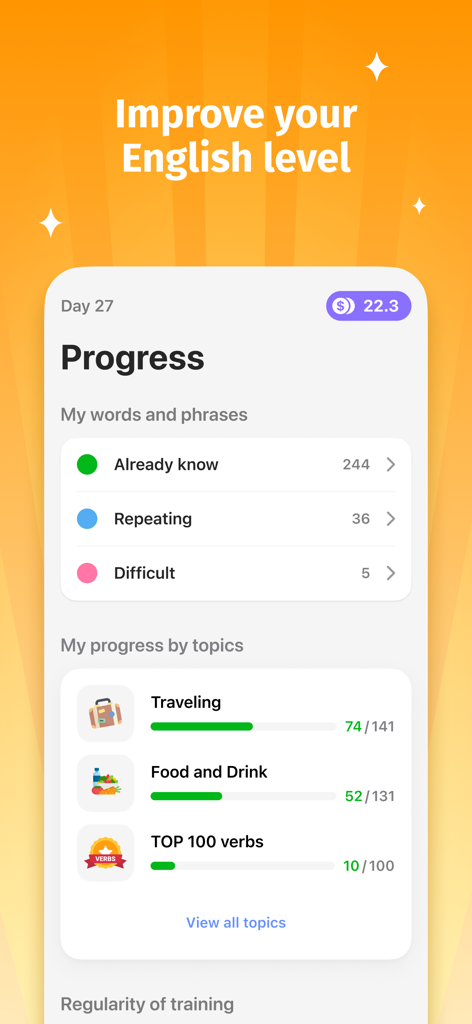 Fortschrittsbildschirm der Bright Heroes App, der Statistiken zum englischen Wortschatz und den Abschluss von Themen anzeigt.