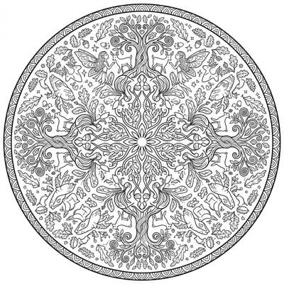 Immerse yourself in the magical realm of woodland sprites with this stunning Forest Fairies Mandala. This intricate circular design brings together mystical creatures and ancient trees in a captivating symmetrical pattern, perfect for a relaxing coloring experience.
