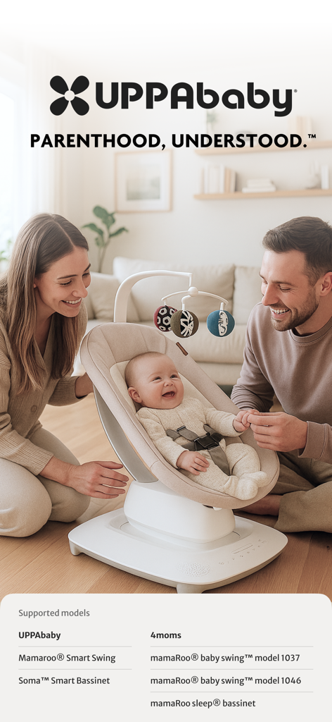 UPPAbaby Home - Happy parents with baby in a smart swing and a list of supported UPPAbaby and 4moms products