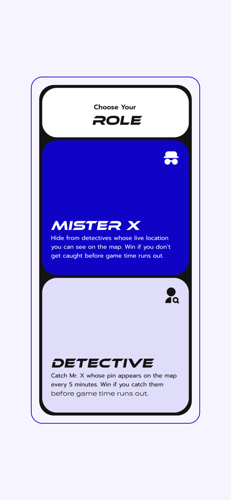 City Chase Game - Pantalla de selección de rol en City Chase Game con opciones de Mister X y Detective