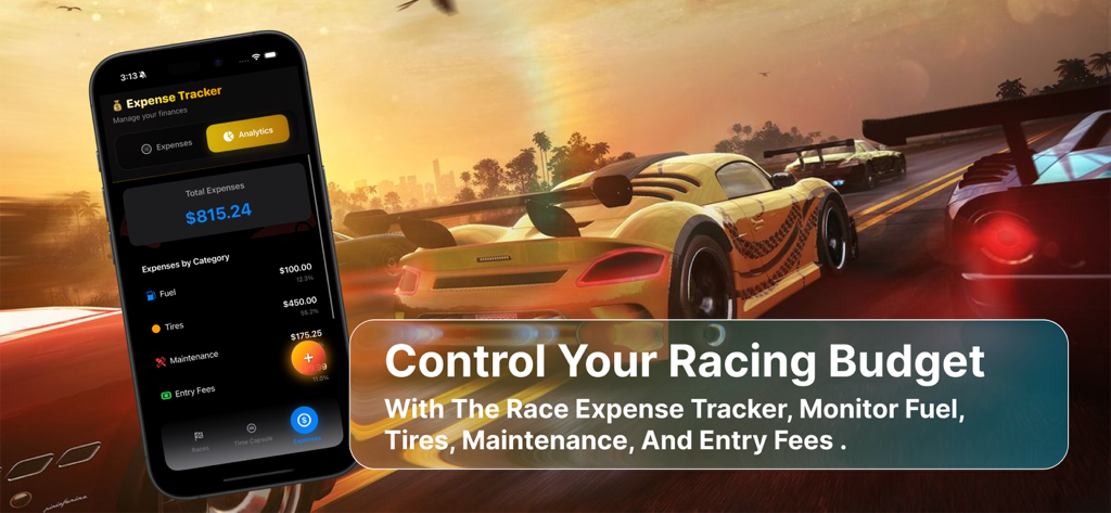Unlimited Race Pro - Unlimited Race Pro mobile app showing a racing expense tracker with costs for fuel tires and maintenance