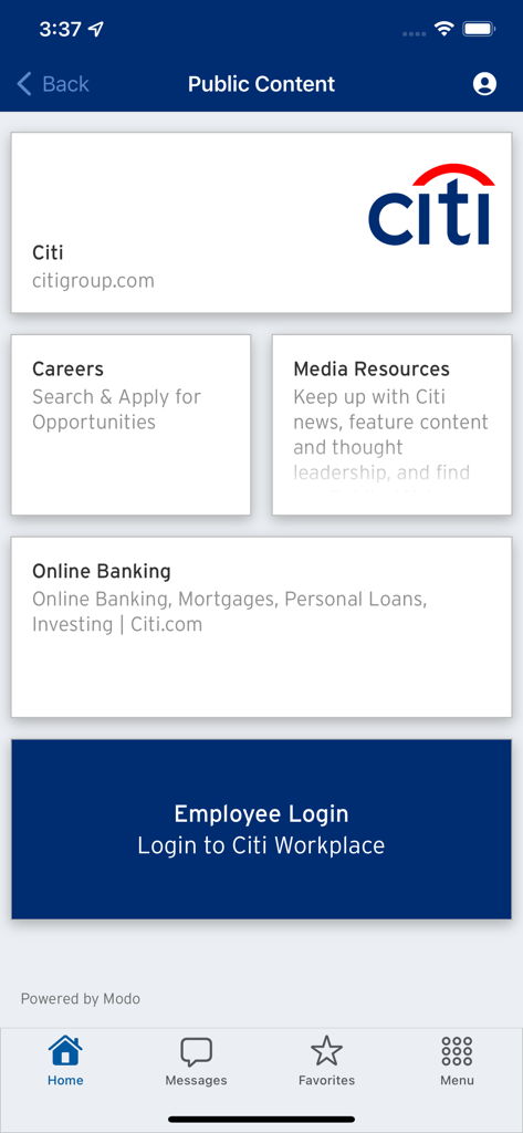 Citi Workplace app screen showing public resources and employee login button