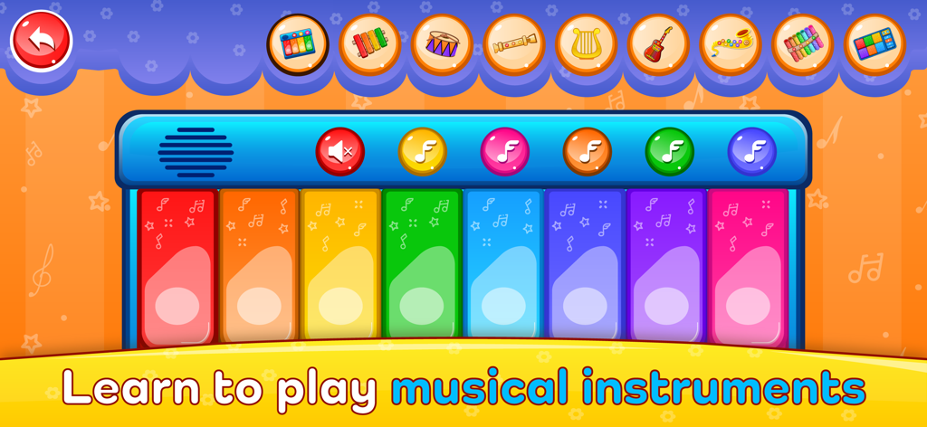 Baby Piano: Fun Music Games - Colorful kids piano keyboard with icons for various musical instruments