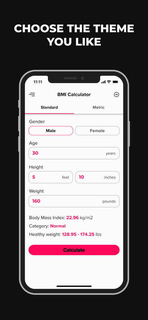 BMI 계산기 앱 인터페이스로, 키와 몸무게 입력 필드와 라이트 테마 옵션이 표시됩니다.