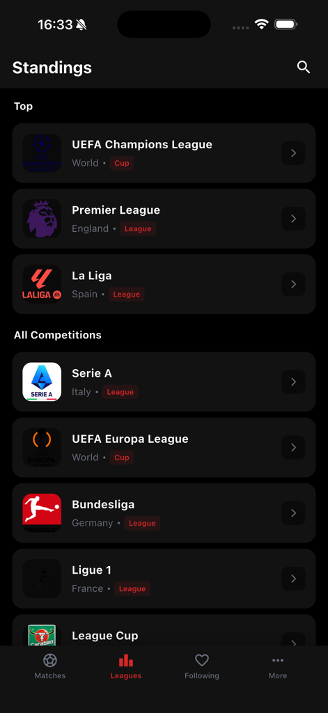 Koora Live - Live Score - Lista de las principales ligas de fútbol, incluida la UEFA Champions League y la Premier League, en la pantalla de clasificaciones de Koora Live.