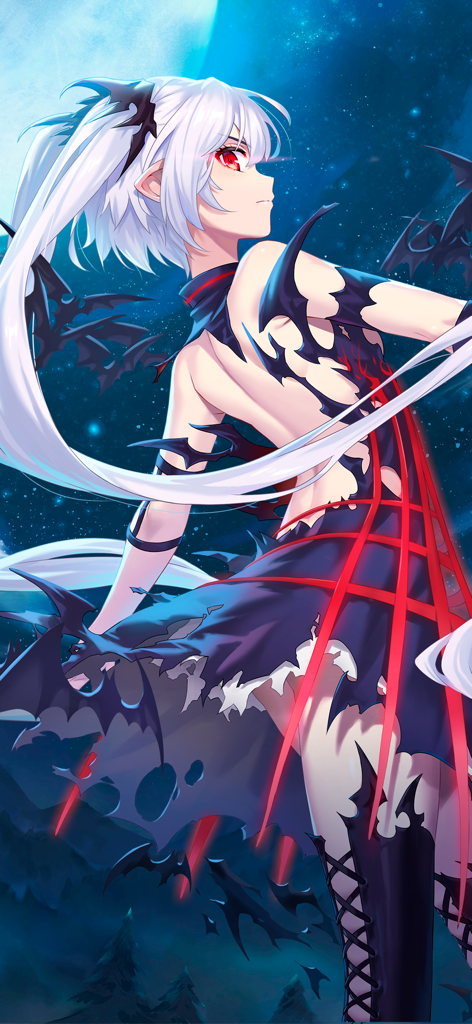 Bloodline: Last Royal Vampire - 박쥐와 함께 달빛 아래 서 있는 블러드라인 라스트 로열 뱀파이어의 흰 머리 뱀파이어 주인공 릴로