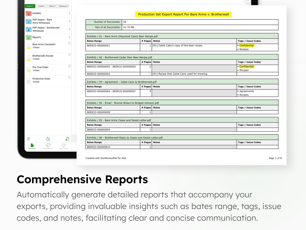 DocReviewPad - Review Docs - A production set export report for legal documents displaying bates ranges and issue codes on an iPad screen