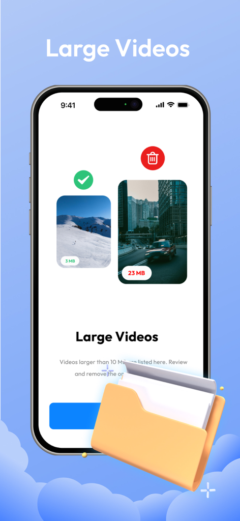 AI Cleanup: Photo Cleaner - AI Cleanup app interface for managing large videos to free up iPhone storage