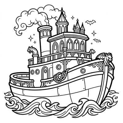 Ignite your little one's imagination with this unique Gothic Tugboat coloring page, perfectly designed for tiny hands. Featuring bold outlines and engaging details, it's an exciting journey on the high seas with a spooky twist.