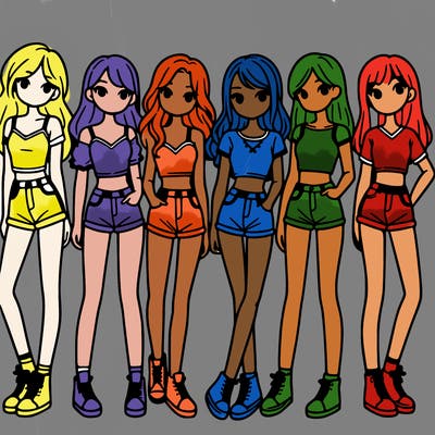 a group of girls wearing crop tops and shorts