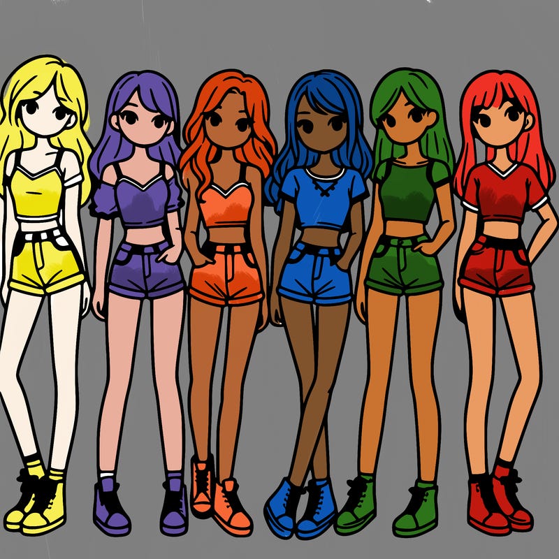 a group of girls wearing crop tops and shorts