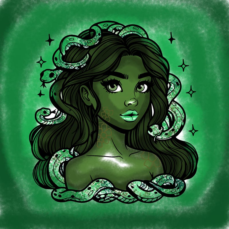 realistic girl with snakes as hair