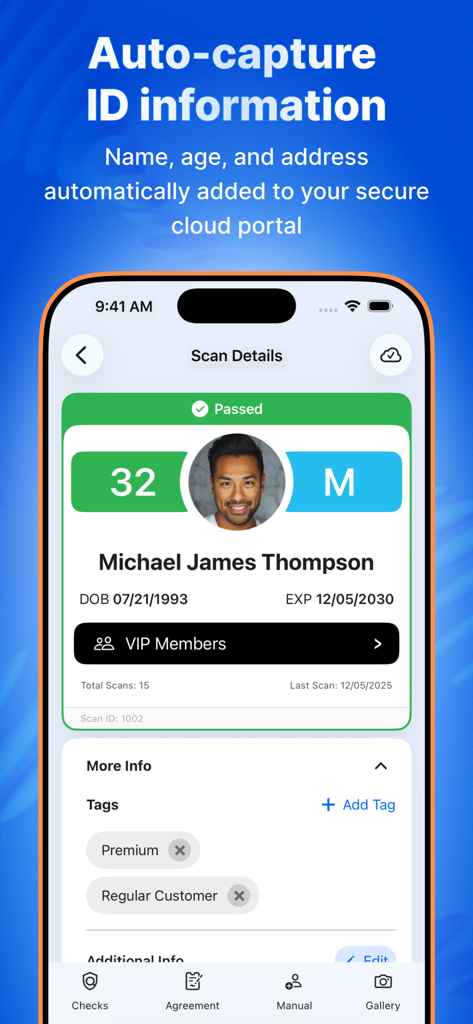 VeriScan mobile app showing auto-captured ID information including name age and visitor tags