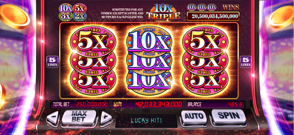 Jugabilidad de Lucky Hit Classic Casino Slots mostrando una gran ganancia en una máquina con triple multiplicador 10x