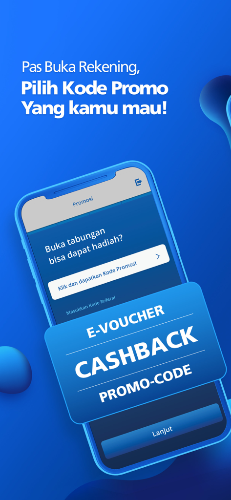 BCA mobile app screen displaying promo codes and cashback rewards for new account openings.