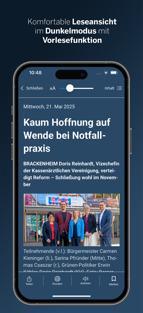Stimme App news article display in dark mode with text to speech and reading options on an iPhone.