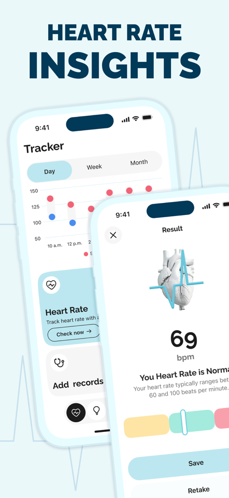 Smart BP - Blood Pressure Log - Schermate di smartphone che mostrano approfondimenti sulla frequenza cardiaca e risultati del monitoraggio del polso.