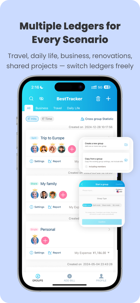 BestTracker app screen displaying multiple shared ledgers for travel and personal expense tracking