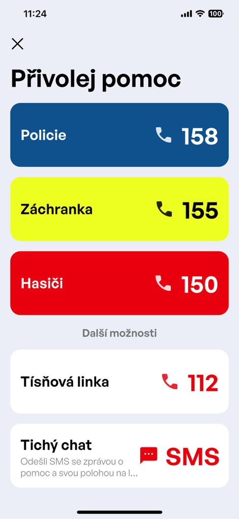 Maják - Pantalla de llamada de emergencia con botones para policía, ambulancia y bomberos.