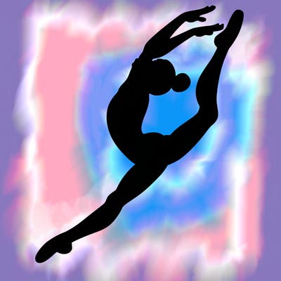 gymnast doing a leap in a leotard with a bent back leg
