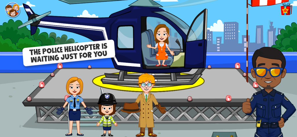 A blue police helicopter on a helipad with various characters from the My Town Police app.
