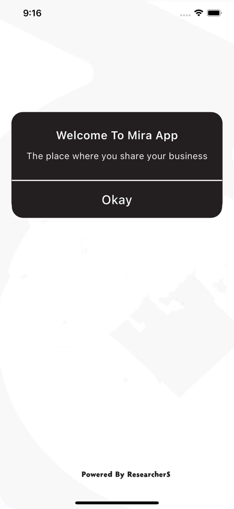 Welcome popup message on the Mira Pro app interface for retail business owners.
