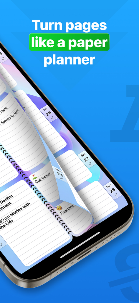 Weekly Planner app interface showing a digital page turning animation like a physical paper diary